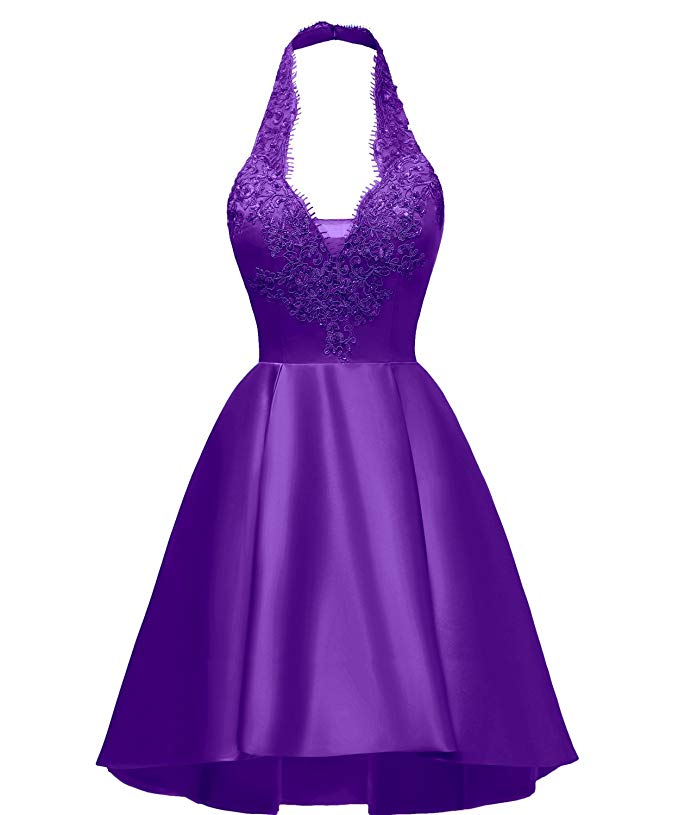 Halter Deep V Neck Appliques Purple A Line Melissa Homecoming Dresses Satin Backless Pleated