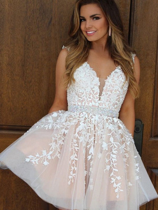 Deep V Neck Sleeveless Appliques Beaded Tulle Alejandra Homecoming Dresses A Line Short White