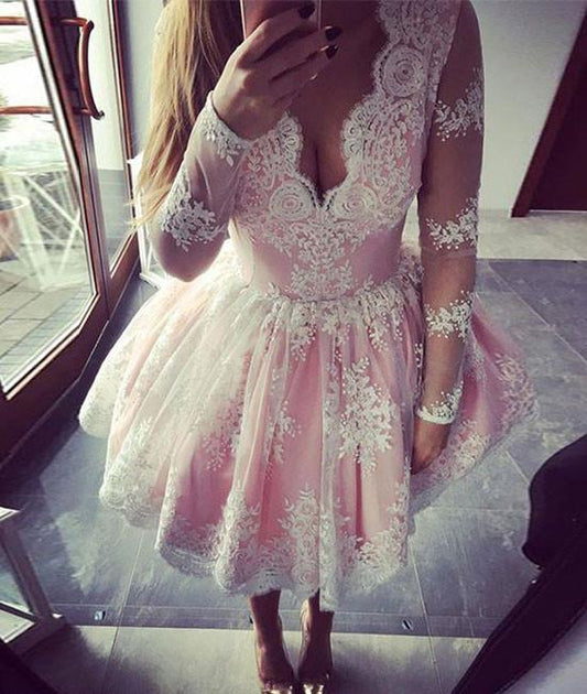 Long Sleeve Deep V Neck Ball Gown Homecoming Dresses Pink Trinity Lace Flowers Pleated