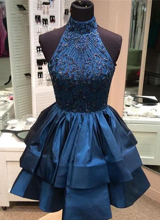 Halter Satin A Line Marin Homecoming Dresses High Neck Dark Blue Sleeveless Tiered Beading Appliques