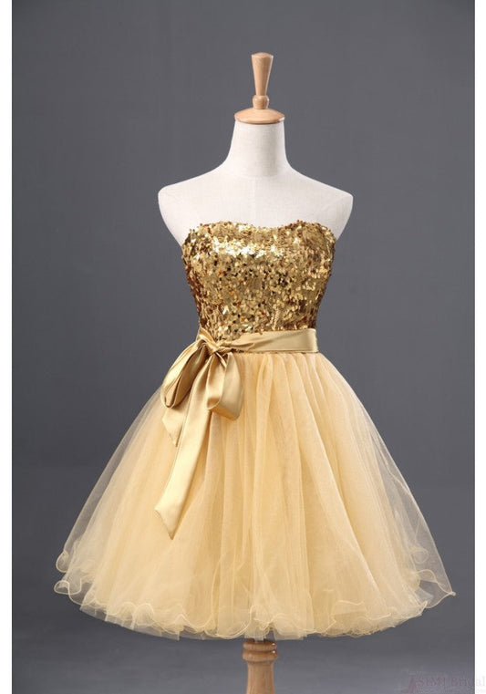 Hanna A Line Homecoming Dresses Strapless Sweetheart Backless Light Yellow Sequins Bow Knot