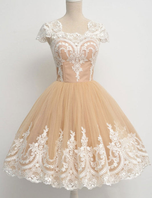 Square Neck Champagne Harmony Lace Homecoming Dresses A Line Cap Sleeve Tulle Pleated Appliques