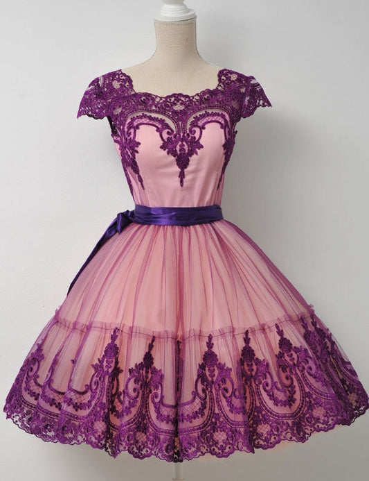 Square Neck Fuchsia Cap Sleeve Appliques Homecoming Dresses Emelia Lace A Line Ribbon Trim