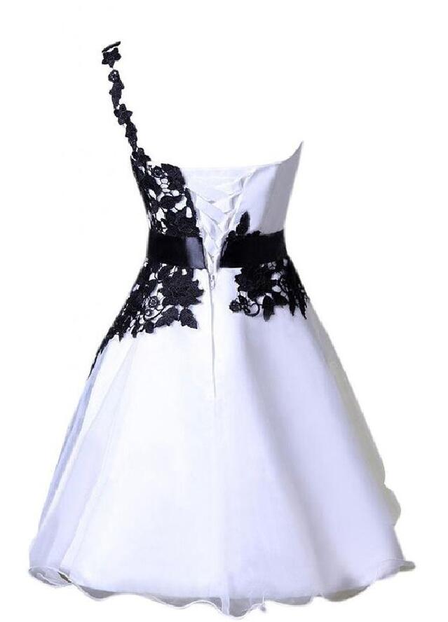 One Shoulder Up White Appliques Kira Homecoming Dresses A Line Lace Satin Flowers