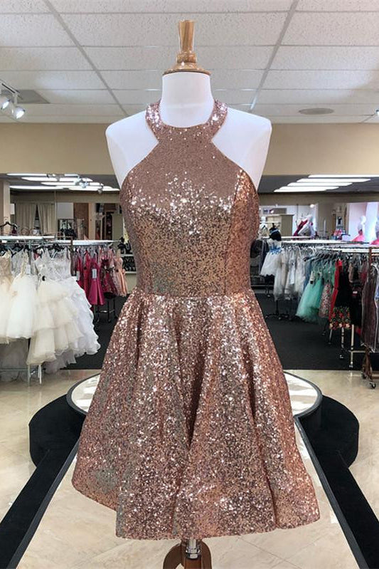 Alexis Homecoming Dresses A Line Halter Sequins Sleeveless Backless Pleated Short Sparkle Charming