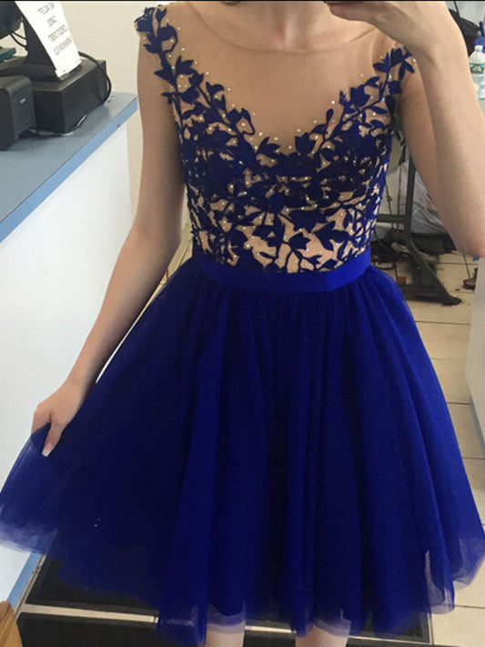 Scoop Cap Sleeve A Line Karsyn Royal Blue Homecoming Dresses Tulle Appliques Pleated