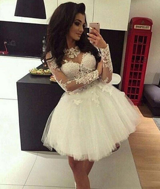 Jewel Long Sleeve Lace Mariana A Line Homecoming Dresses Appliques Pleated Tulle Sheer Short