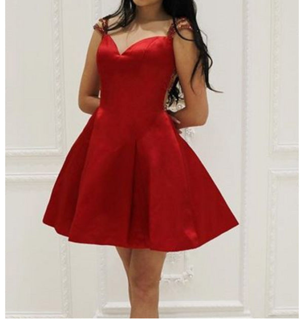 V Neck Straps Backless Red Cut Out Rhinestone Homecoming Dresses Imani A Line Satin Beading