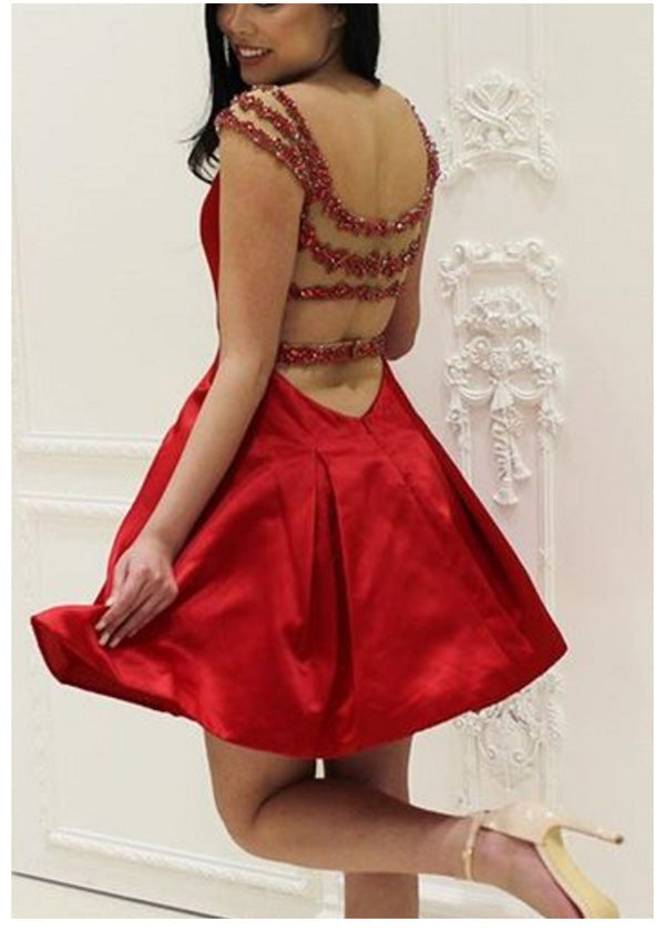 V Neck Straps Backless Red Cut Out Rhinestone Homecoming Dresses Imani A Line Satin Beading