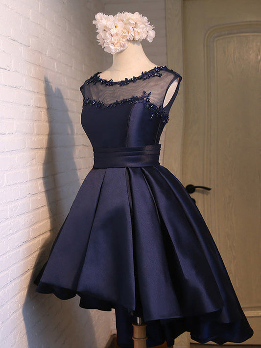 Scoop Ball Gown Backless Cap Sleeve Sheer Hailey Homecoming Dresses Satin High Low Dark Navy Appliques