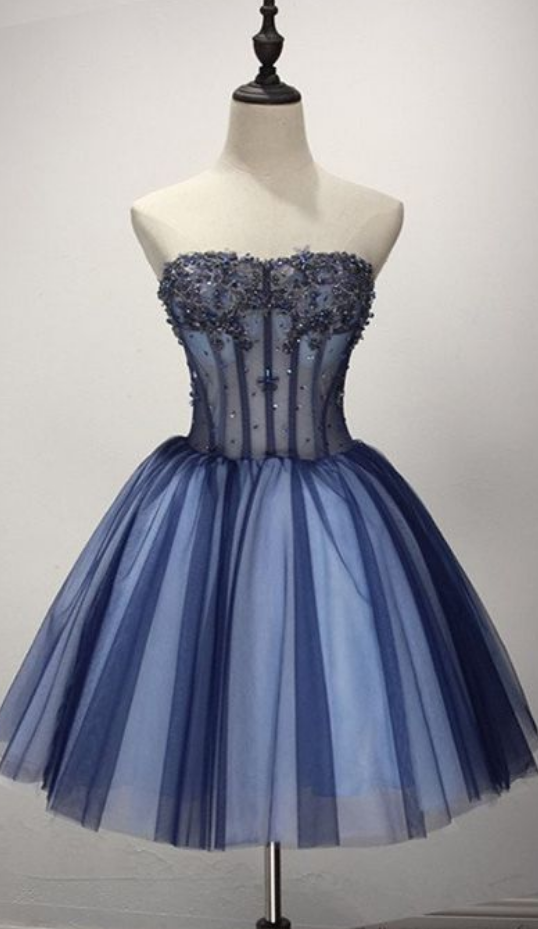 Strapless Ball Gown Appliques Tulle Beaded Pleated Dark Blue Cute Dalia Homecoming Dresses Elegant