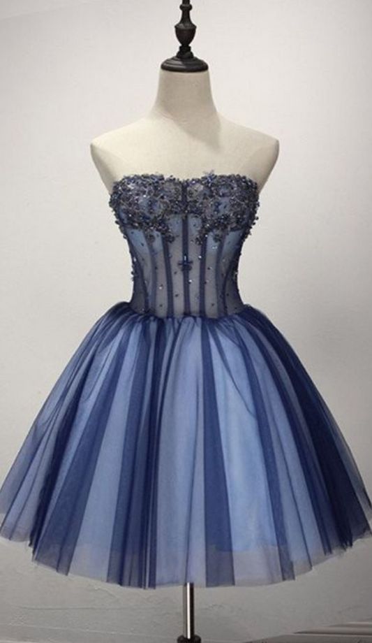 Strapless Ball Gown Appliques Tulle Beaded Pleated Dark Blue Cute Dalia Homecoming Dresses Elegant