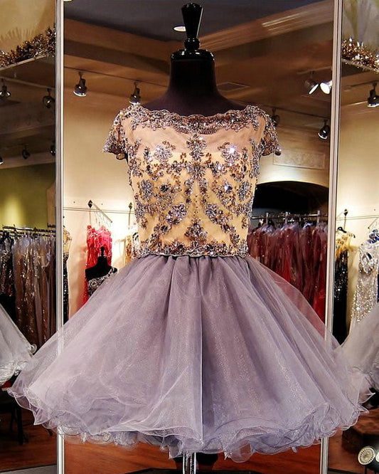 Tulle Homecoming Dresses Jessica A Line Gold Appliques Beading Rhinestone Short Sleeve Bateau