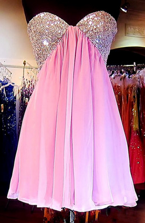 Strapless Sweetheart Pleated Sexy Beaded Homecoming Dresses Harriet A Line Pink Chiffon Cut Out