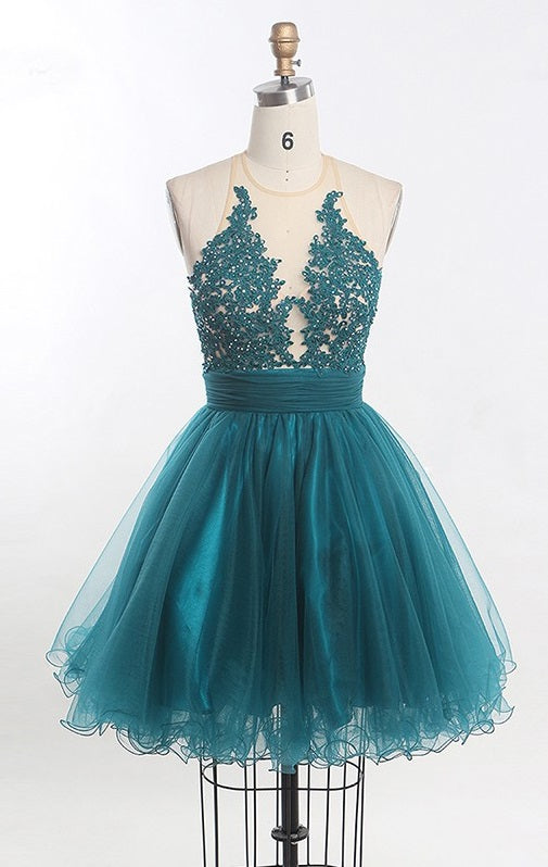 Homecoming Dresses A Line Ireland Scoop Sleeveless Sheer Appliques Tulle Pleated Ruched Backless