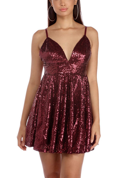 Deep V Neck Spaghetti Straps Backless Burgundy A Line Quinn Homecoming Dresses Sexy Sequins Sparkle