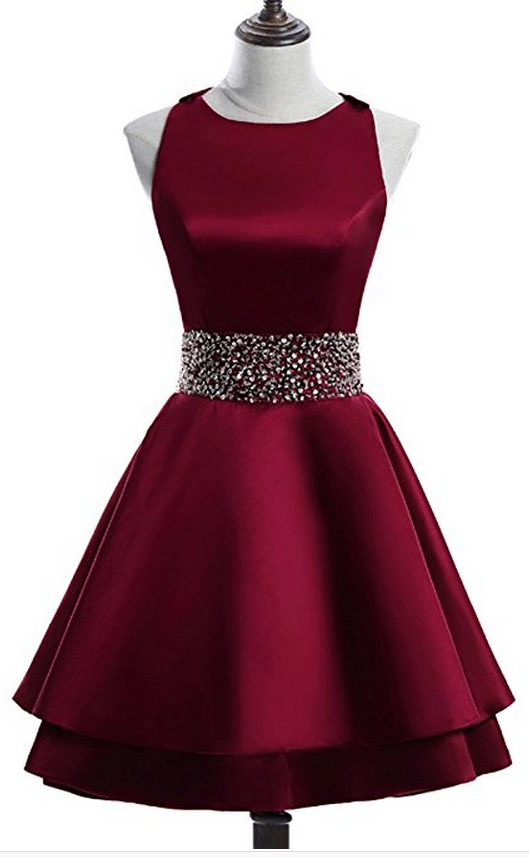 Scoop Tiered Sleeveless Rhinestone Burgundy Lilyana Satin Homecoming Dresses A Line Pleated