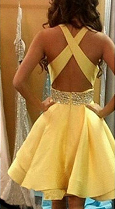 Rhinestone Backless Criss Cross Sleeveless Sexy Daffodil Satin Kathleen A Line Homecoming Dresses Short