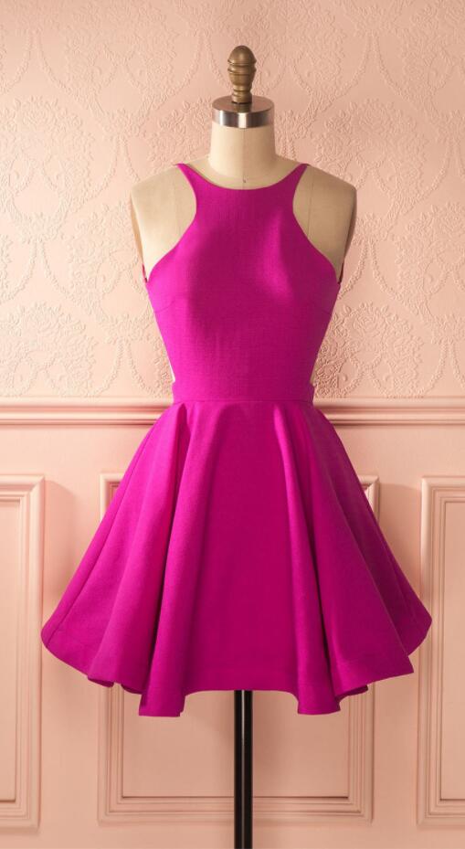 Halter Sleeveless Fuchsia Amelia A Line Satin Homecoming Dresses Backless Sexy Short Pleated