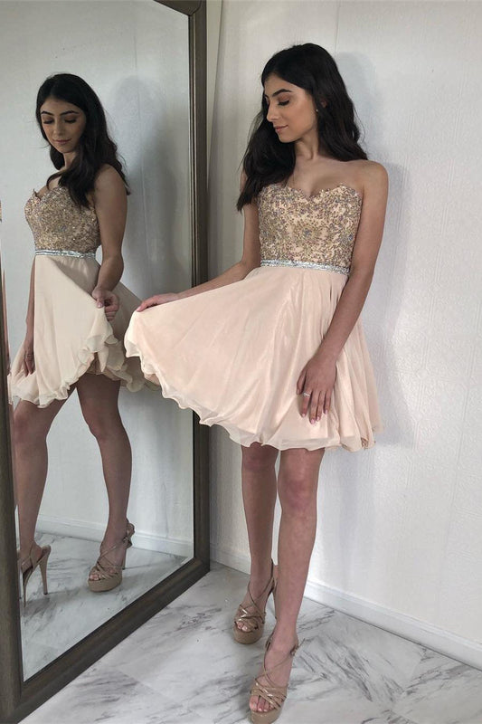 Strapless Sweetheart Rhinestone Beaded Pleated Homecoming Dresses Chiffon A Line Lilah Backless