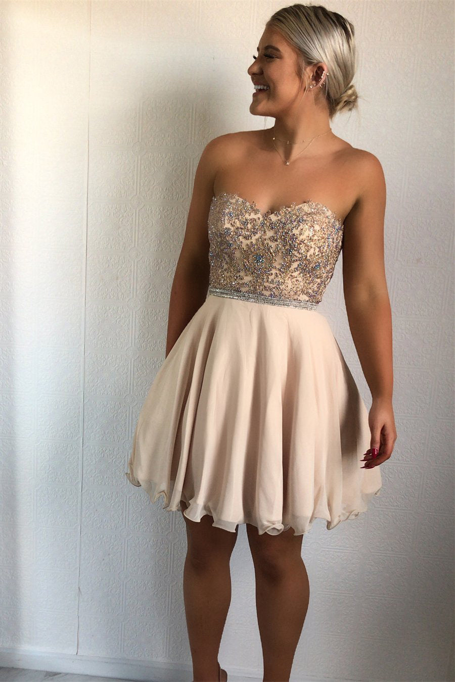 Strapless Sweetheart Rhinestone Beaded Pleated Homecoming Dresses Chiffon A Line Lilah Backless