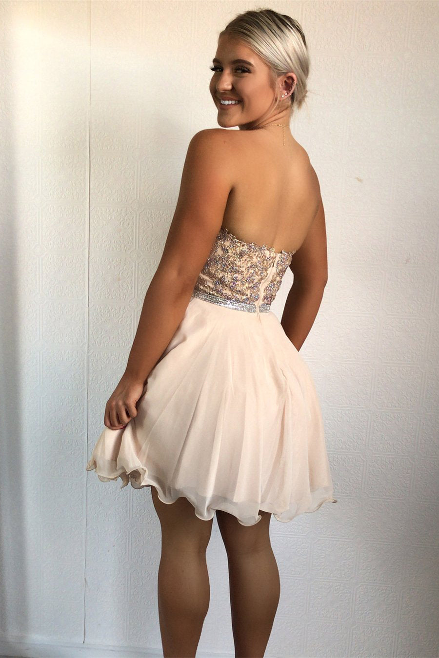 Strapless Sweetheart Rhinestone Beaded Pleated Homecoming Dresses Chiffon A Line Lilah Backless