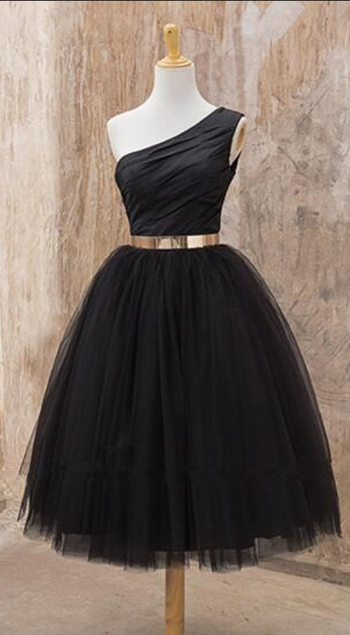 One Shoulder Sleeveless Ball Gown Black Tulle Ruched Marlene A Line Homecoming Dresses Pleated