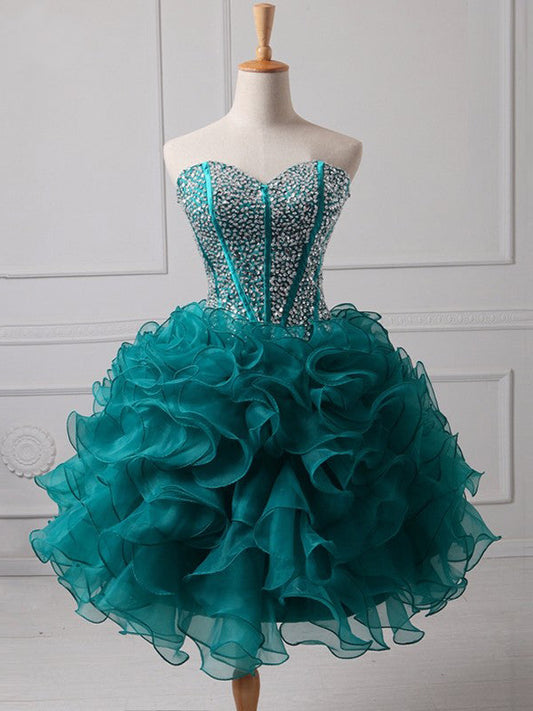 Ruffles Ball Gown Strapless Sweetheart Myla Homecoming Dresses Backless Rhinestone Organza Teal