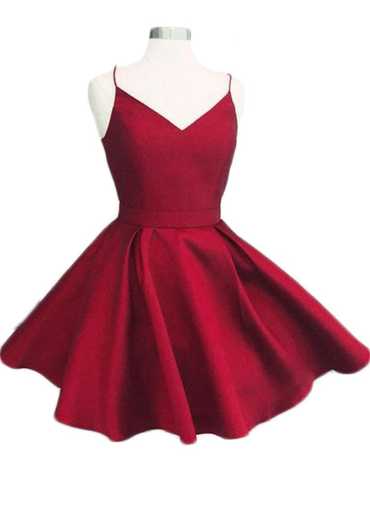 Spaghetti Straps V Neck Maleah A Line Homecoming Dresses Pleated Backless Cut Out Bow Knot