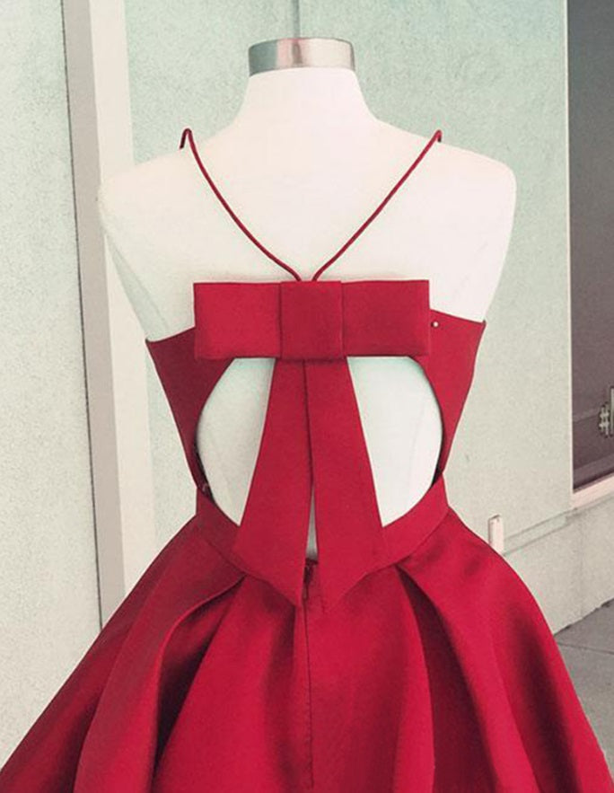 Spaghetti Straps V Neck Maleah A Line Homecoming Dresses Pleated Backless Cut Out Bow Knot