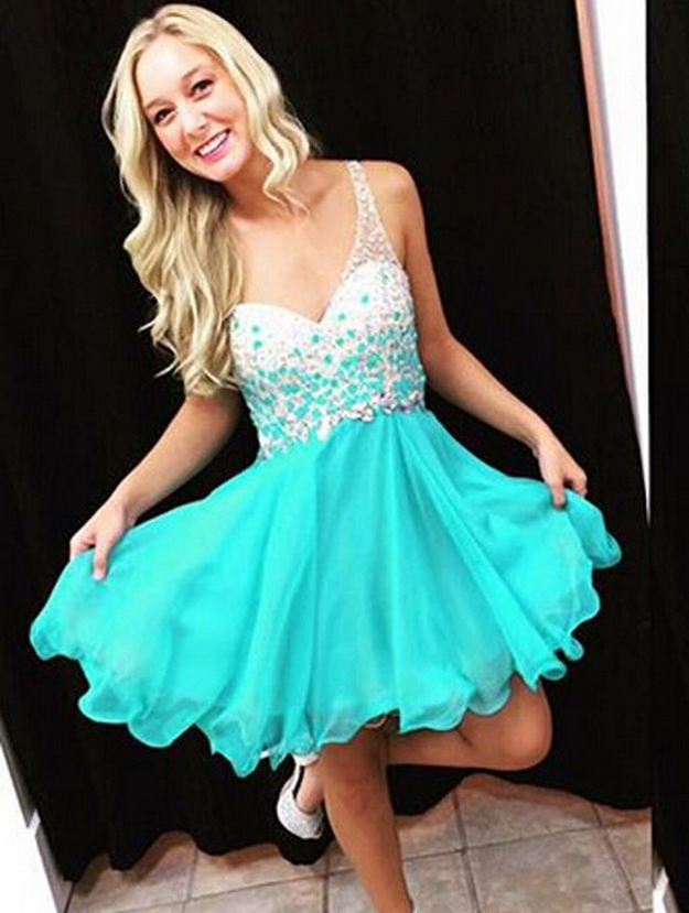 Sleeveless Deep V Neck Homecoming Dresses Lois Chiffon Backless Rhinestone Teal Pleated Cut Out