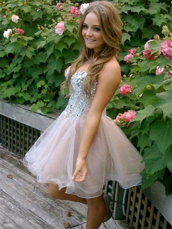 Rhinestone Strapless Sweetheart Homecoming Dresses A Line Amiyah Tulle Pleated Sparkle