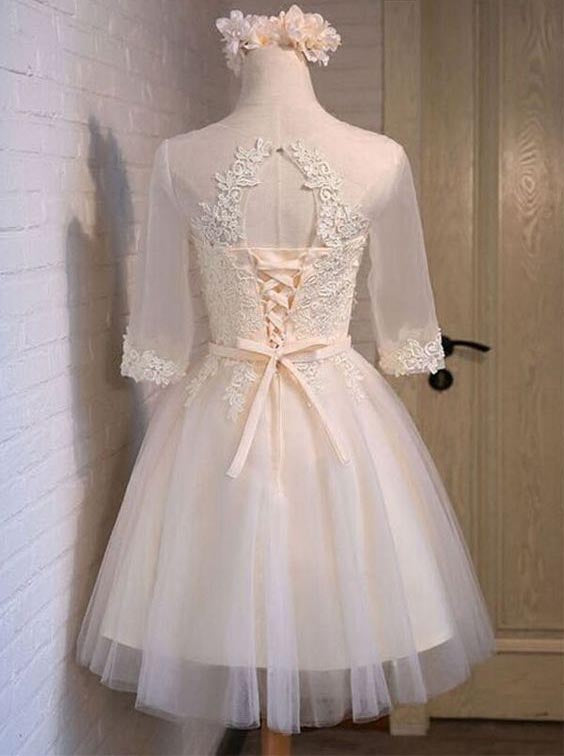 Half Sleeve Sheer Scoop Appliques Tulle Cut Rosalyn Homecoming Dresses A Line Ivory Lace Out Pleated Up