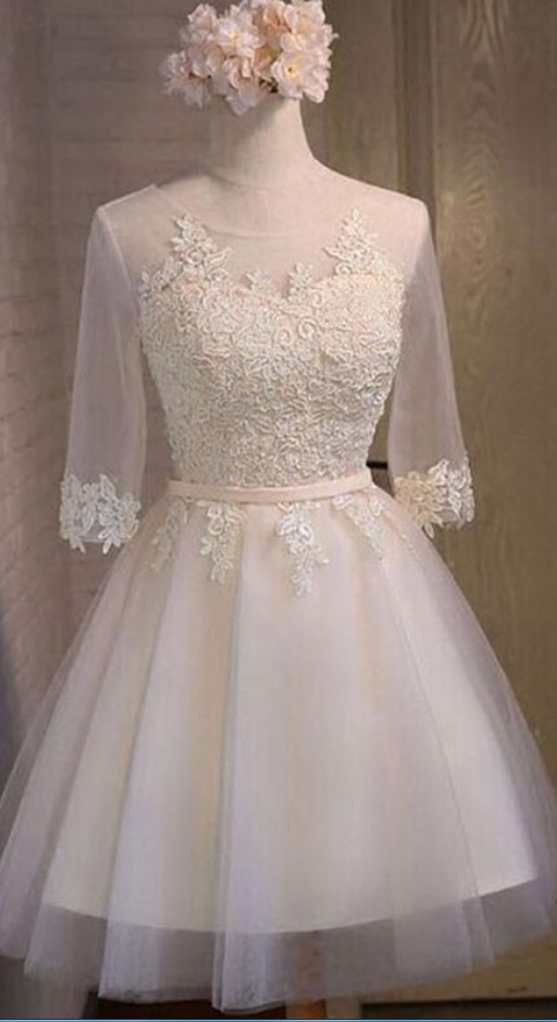 Half Sleeve Sheer Scoop Appliques Tulle Cut Rosalyn Homecoming Dresses A Line Ivory Lace Out Pleated Up