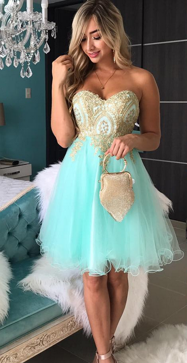 Strapless Sweetheart Homecoming Dresses A Line Hillary Appliques Backless Mint Green Organza