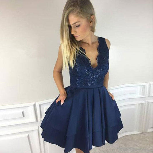 Deep V Satin Kaitlyn Homecoming Dresses Neck Sleeveless Appliques Dark Navy Tiered Pleated Short