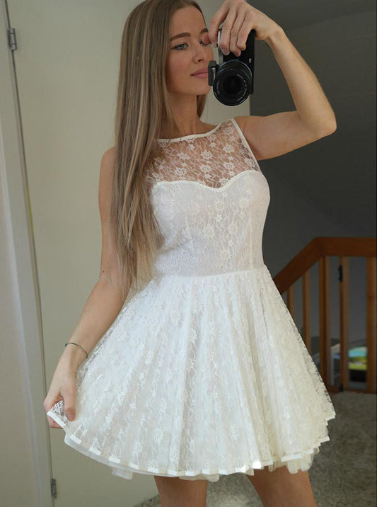 Bateau Backless Sheer Sleeveless White Pleated Genevieve A Line Homecoming Dresses Lace Mini