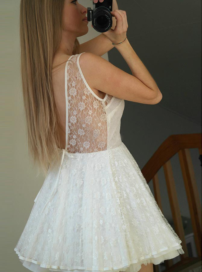 Bateau Backless Sheer Sleeveless White Pleated Genevieve A Line Homecoming Dresses Lace Mini