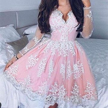 Long Sleeve Ball Gown Pleated Deep Layla Pink Lace Homecoming Dresses V Neck Sheer Flowers Mini