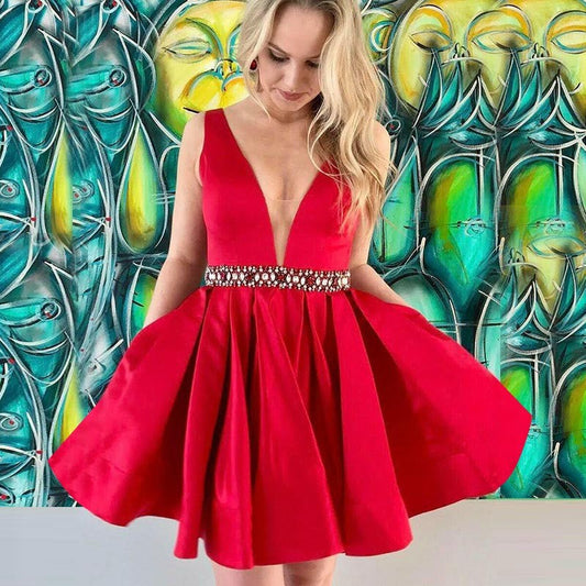 Tiara Homecoming Dresses A Line Satin Sleeveless Deep V Neck Red Pleated Rhinestone Pearls Sheer