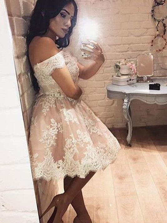 Off Shoulder Flowers Sexy Homecoming Dresses Bailee Lace A Line Ivory Elegant Pleated Knee Length