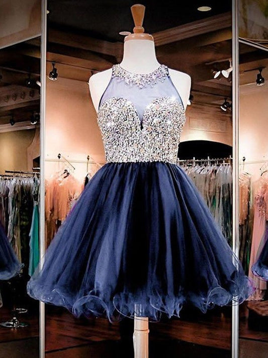 Halter Rhinestone Sheer Lilia Homecoming Dresses A Line Backless Pleated Organza Dark Navy