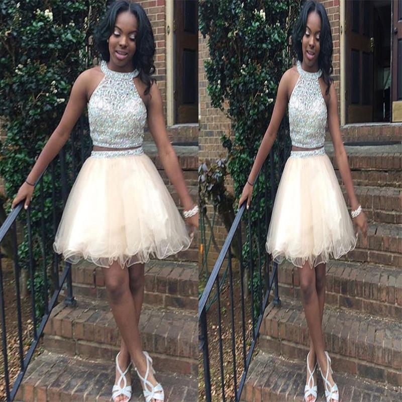 Halter Lia Homecoming Dresses Two Pieces Ivory A Line Organza Sleeveless Rhinestone Beading