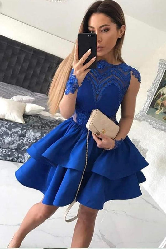 Jewel Lace Satin Royal Blue Angeline Homecoming Dresses Long Sleeve Appliques Tiered Short