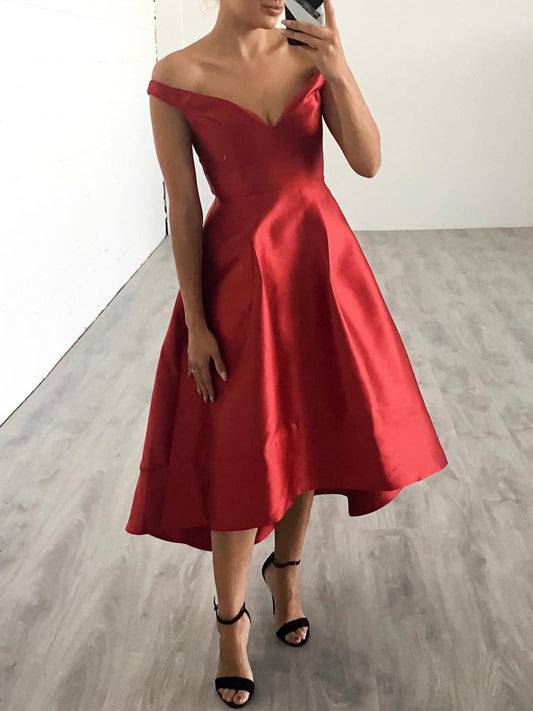 Off The Shoulder V Neck Pleated A Line Madilyn Satin Homecoming Dresses Tea Length Elegant