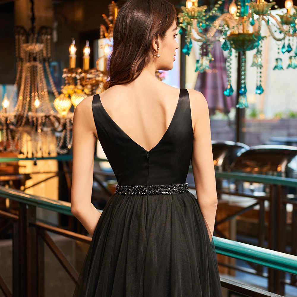 Deep V Neck Sleeveless A Line Homecoming Dresses Camille Rhinestone Organza Black High Low