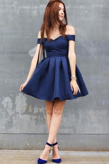 Off The Shoulder Dark Navy Ball Gown Pleated Simple Homecoming Dresses Satin Cheyanne Elegant