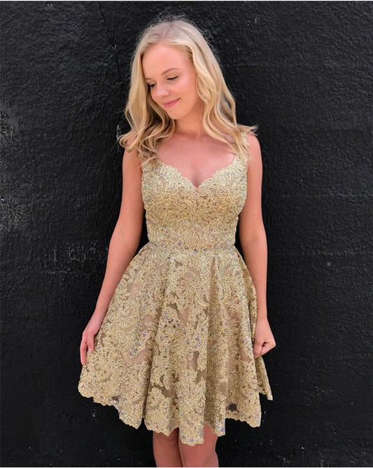 Gold V Neck Homecoming Dresses Lace Victoria A Line Sleeveless Appliques Pleated Flowers Backless