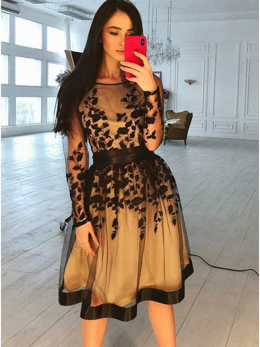 Long Sleeve Flowers Judy Lace Homecoming Dresses Scoop Sheer Appliques Organza Pleated Knee Length