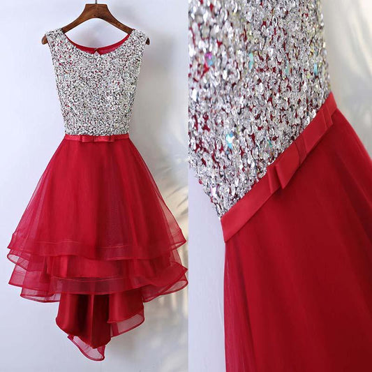 Scoop Red Organza High Low Homecoming Dresses A Line Brittany Bowknot Organza Rhinestone Sleeveless